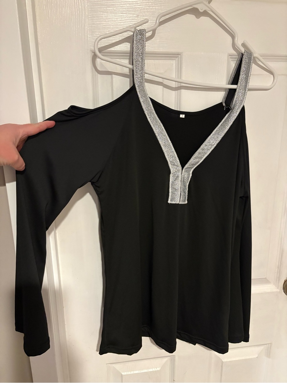Black Cold-Shoulder Top with Silver Trim
